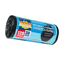 Мешки для мусора 120 л, с ушками, черные, в рулоне 30 шт., ПНД, 15 мкм, 1100х700 мм, Крепак, 4607075710375 в Костанай