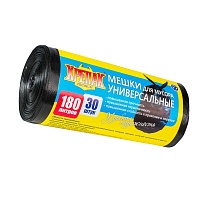 Мешки для мусора 180 л, черные, в рулоне 30 шт., ПНД, 20 мкм, 1150х800 мм, Крепак, 4607075710139 в Костанай
