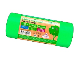 Мешки для мусора 180 л, ароматизированные, биоразлагаемые, зеленые, в рулоне 10 шт., ПВД, 40 мкм, 1300х930 мм, PURE ECOLOGY, bio1801081 в Костанай